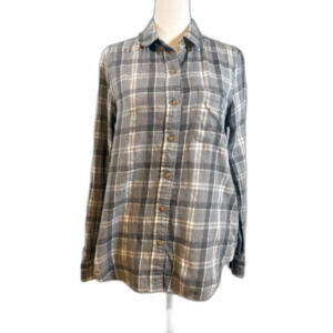 Marine Layer Plaid‎ Flannel Shirt Small S Grey Tan Split Back Cotton Soft Detail